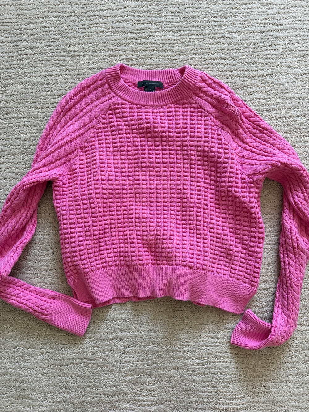 French Connection Bright Pink Waffle & Cable Crewneck Sweater